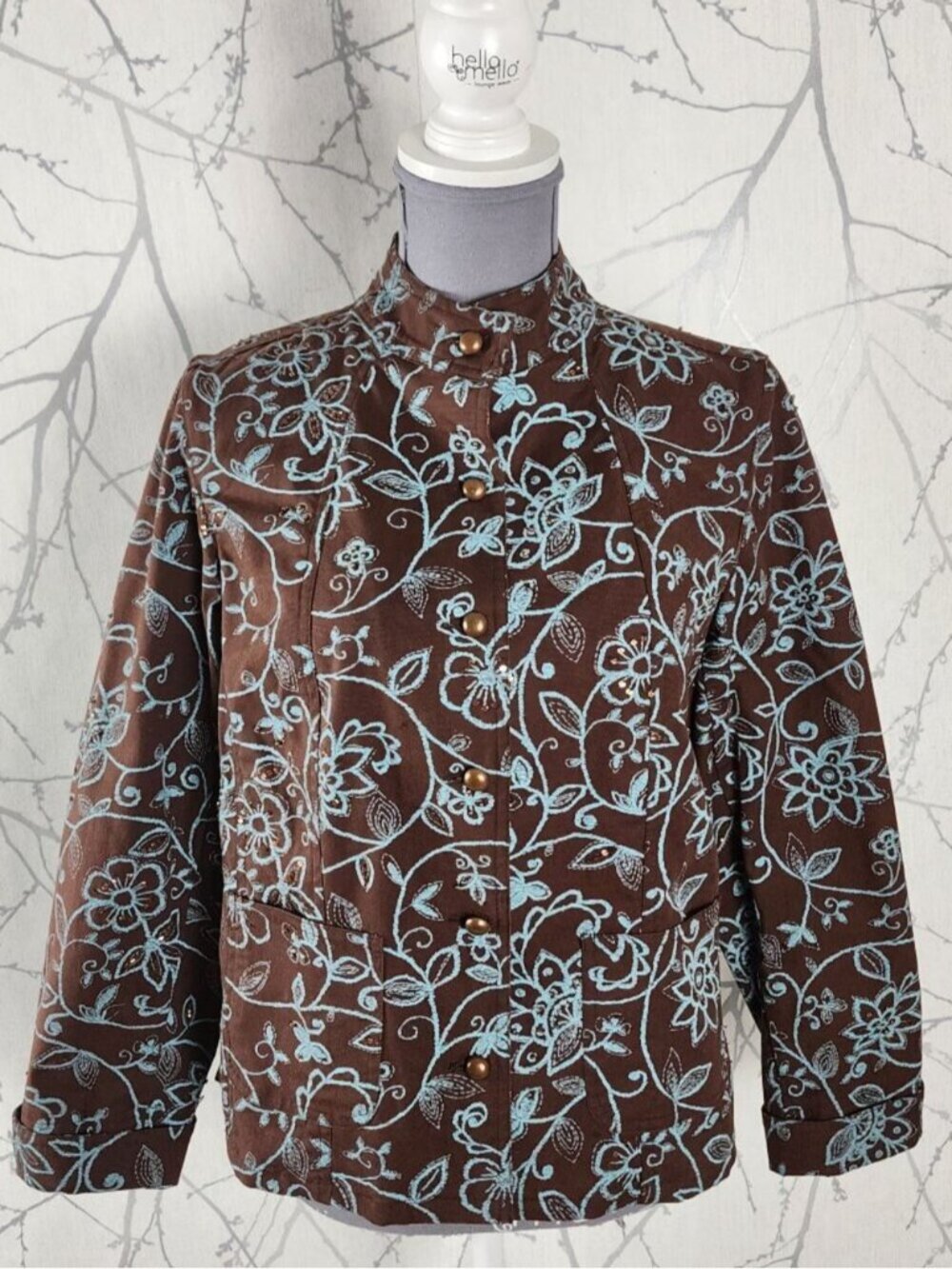 David Brooks Brown Cotton Stretch Twill Floral Embroidered Jacket